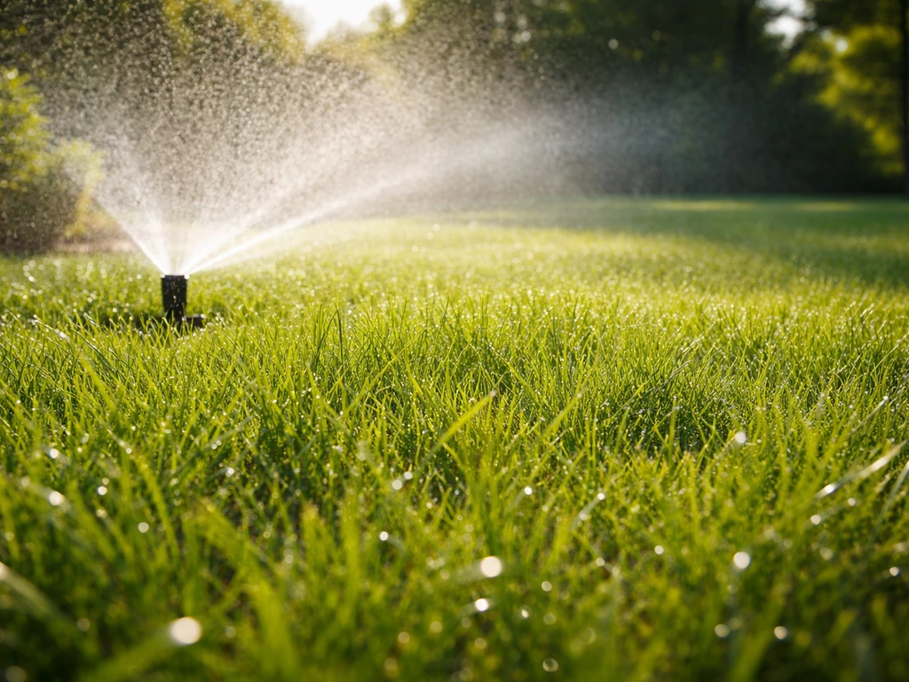 Vroeg in de ochtend beregend gazon met fijne waternevel en druppels op gras die snel opdrogen.