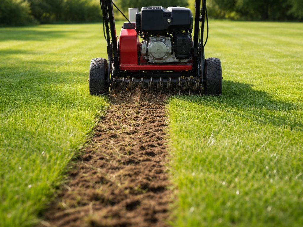 Manipulatie van een verticuteer- of beluchtingsmachine in een groen gazon, met zichtbare bodem tussen het gras.