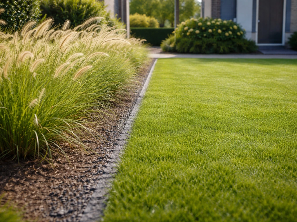 Verzorgde tuin met twee soorten uniek gras: siergrassen en een gazonachtig grassprietgedeelte in natuurlijk licht.