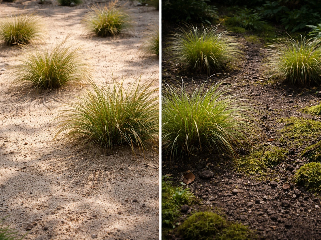 Split-view: zonrijke plek met zandbodem links en schaduwplek met kleibodem en siergras rechts.