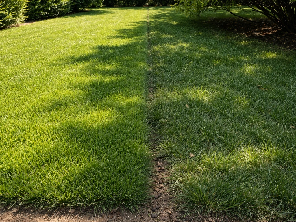 Twee smalle gazonstroken met verschillende grassoorten: volle zon vs lichte schaduw, realistisch en minimalistisch.