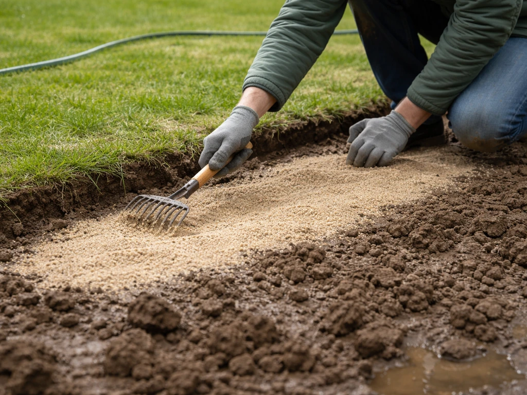 Tuinier werkt dunne laag kwartszand op kleigrond rond het gazon, met verbeterde afwatering als context.