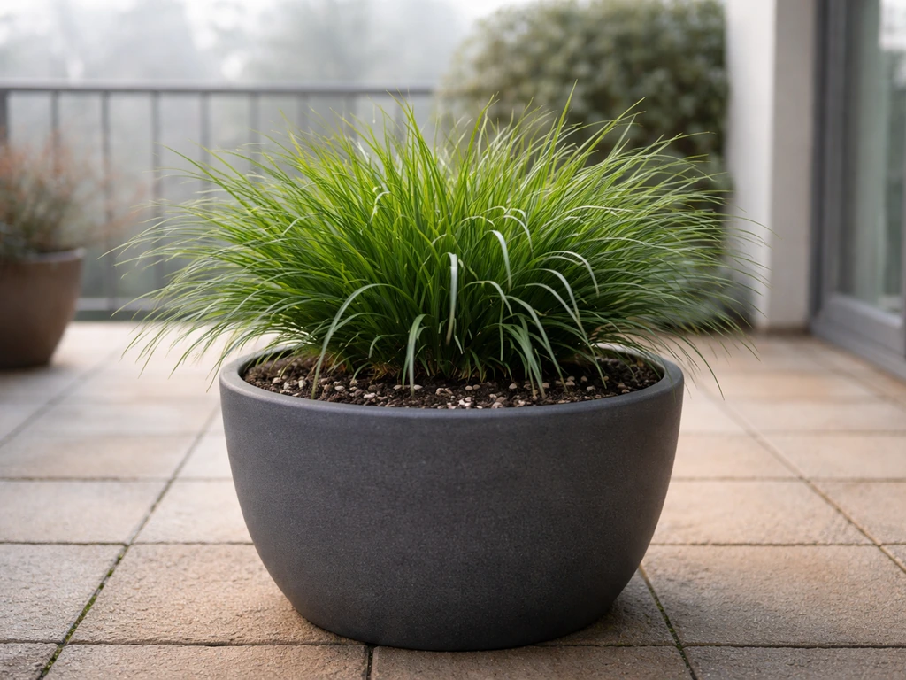 Groenblijvend siergras in een verzorgde pot met zichtbare drainage op een Nederlands terras in winterse sfeer.