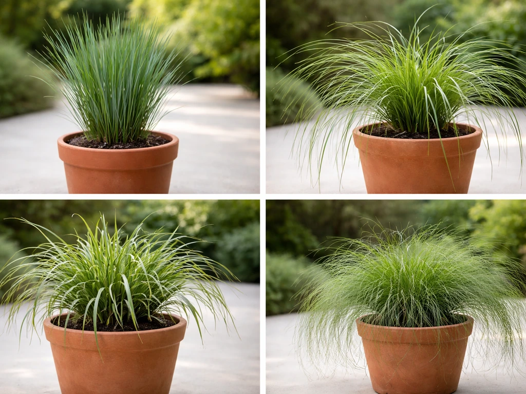 Collage met 4 wintergroene siergrassen in potten op een terras, met zichtbare blad- en halmvormen.