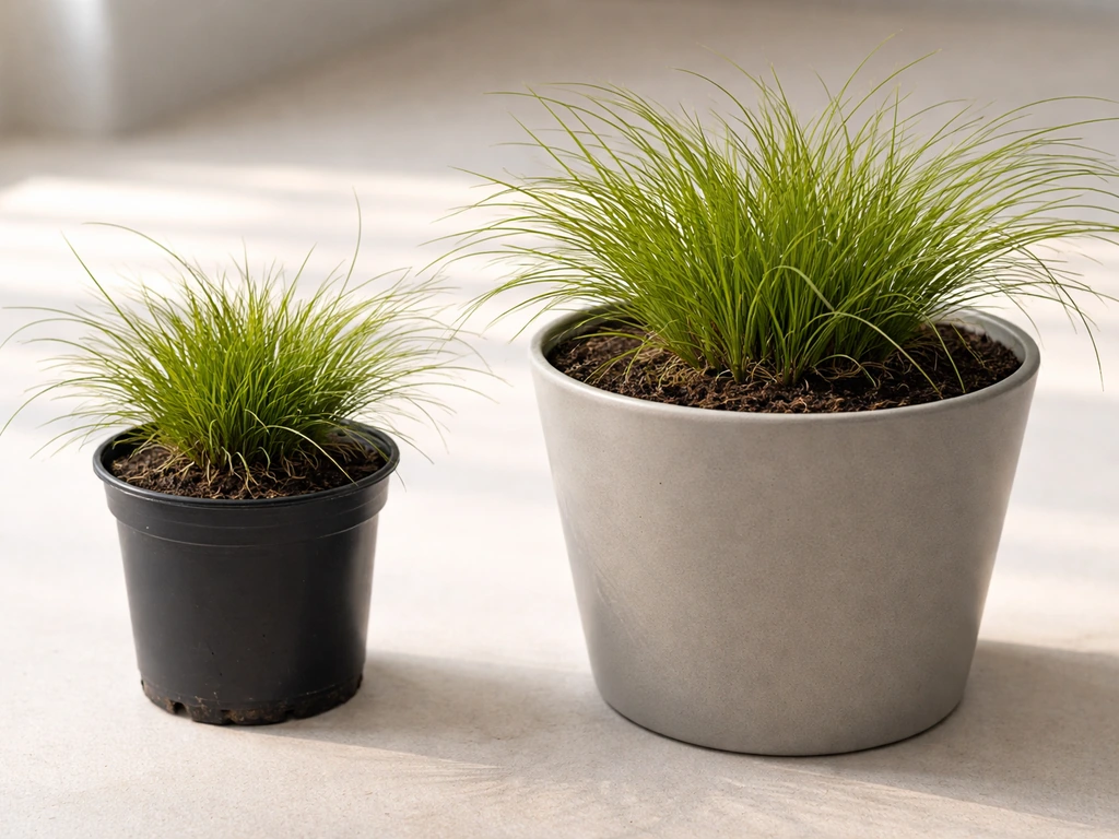 Twee bloempotten met gras: de grotere pot met zichtbare wortelruimte, de kleine pot met minder ruimte.