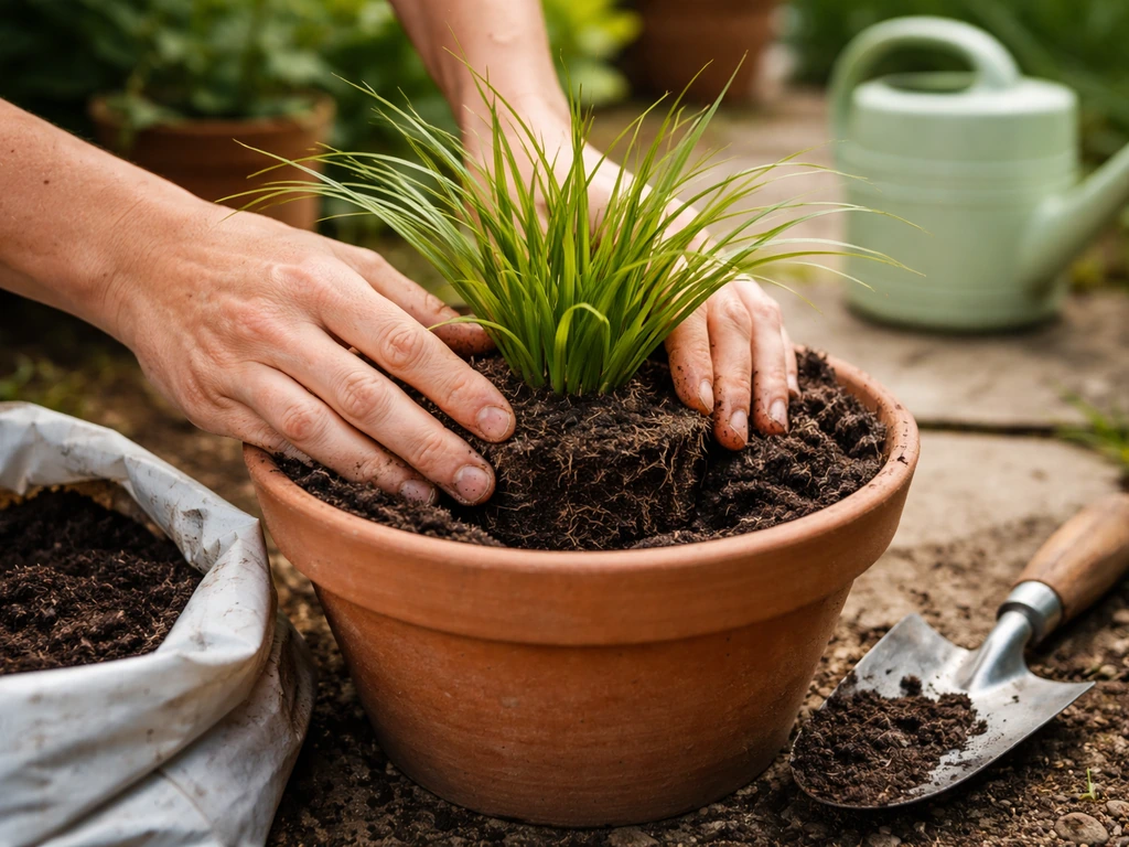 Handen planten groenblijvend siergras in een pot, kluit plaatsen en aarde aanvullen