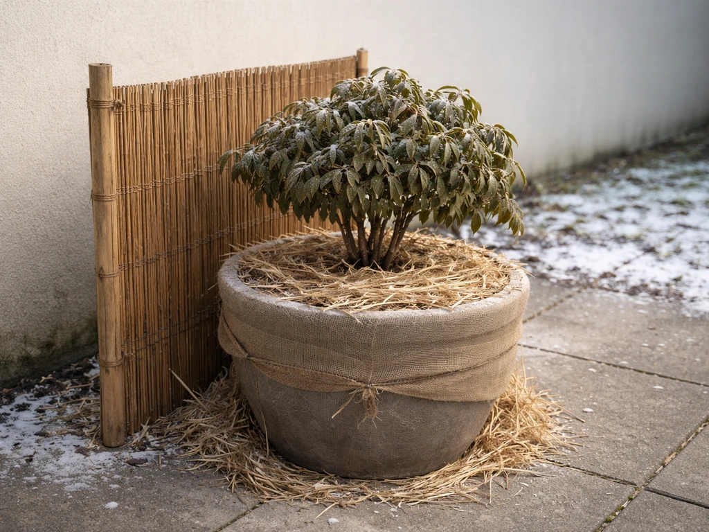 Potplant in de winter met afdeklaag en windbescherming op een droge plek, geen bevroren water rond de pot.