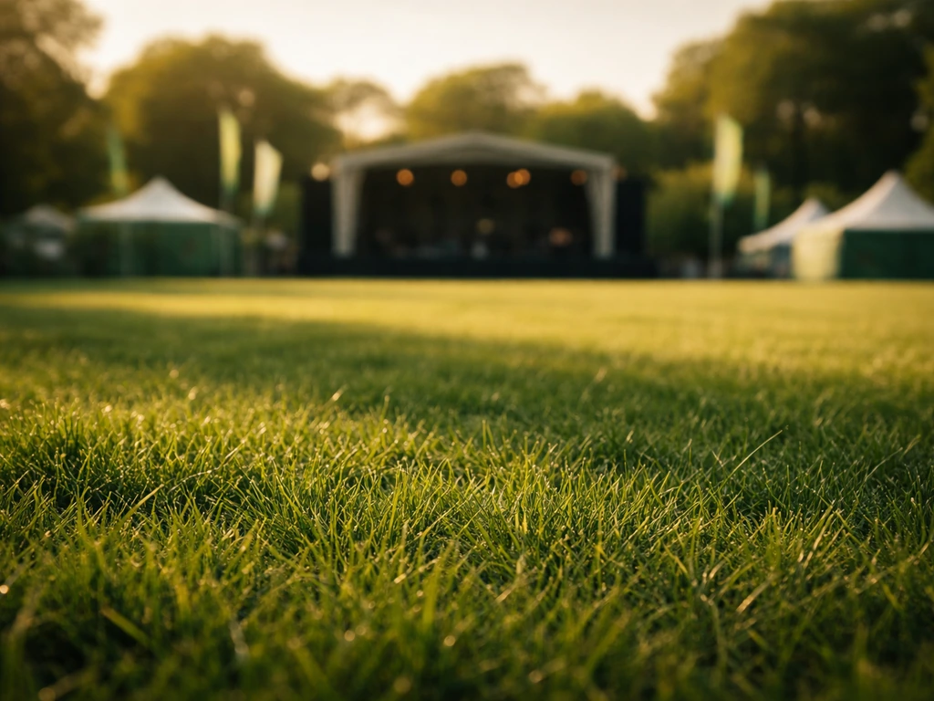 Groen grasveld op het sportpark met vaag festivalpodium op de achtergrond bij Groen Gras Festival 2022