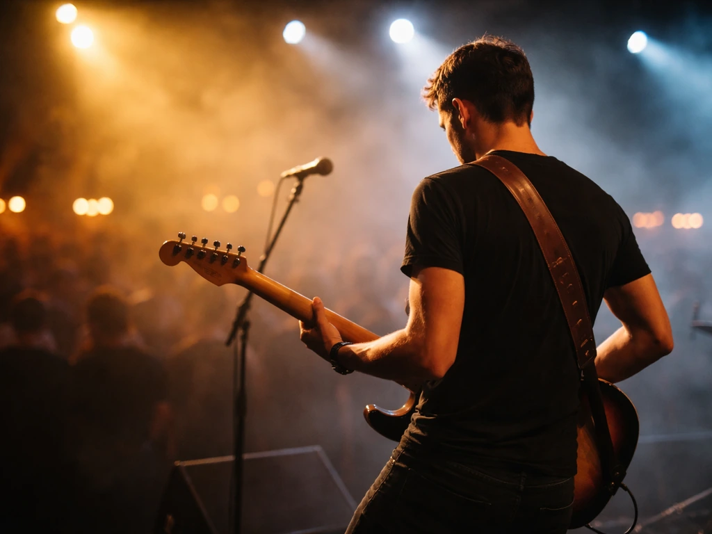 Anonieme gitarist op een festivalpodium met warme podiumlichten, met vage publieksschaduwen op de achtergrond.