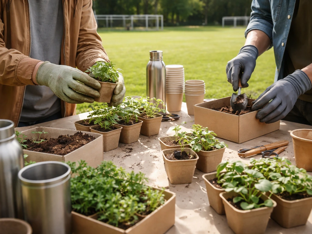 Vrijwilligers bij een duurzaamheidsworkshop op een sportpark met groen grasveld, zonder opvallende tekst