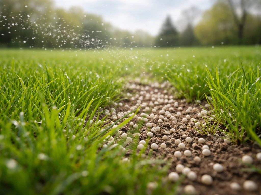 Voorjaarspad groen gazon met duidelijk verspreide mestkorrels op de grond, frisse natuurlijke look.