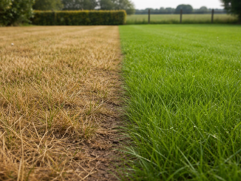 Vergeeld gazon door droogte met een groene herstellende strook in een rustige landelijke NL omgeving.