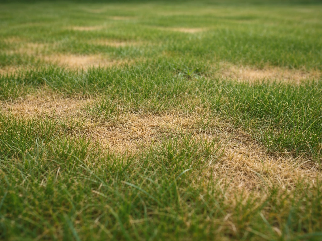 Close-up van geel en bruin gazon met onregelmatige droogteplekken en zichtbare graspolletjes.