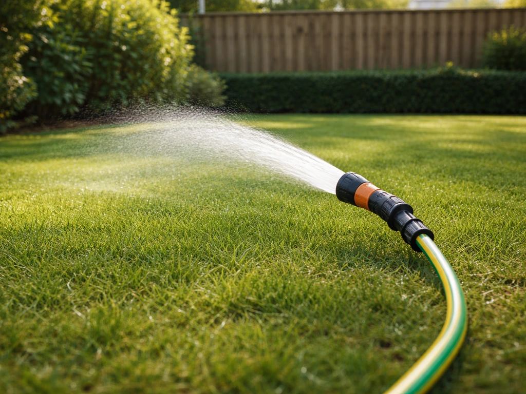 Gerichte sproeikop besproeit een deel van het gazon met duidelijke waterstraal en zichtbaar vochtige grassprieten.