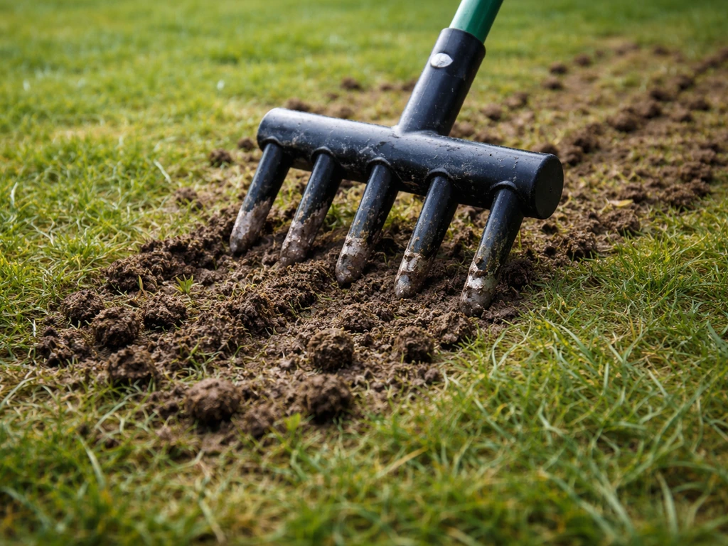 Verticuteerroller of beluchtingsfork maakt een spoor in het gazon met opgewoeld gras en losse aarde.