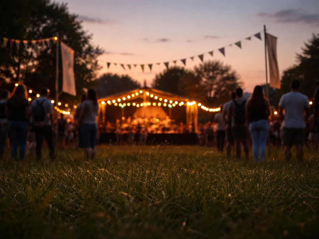 Avondfoto van een festivalweide in Lepelstraat met warm verlichte kleine podia en silhouetten op de achtergrond.