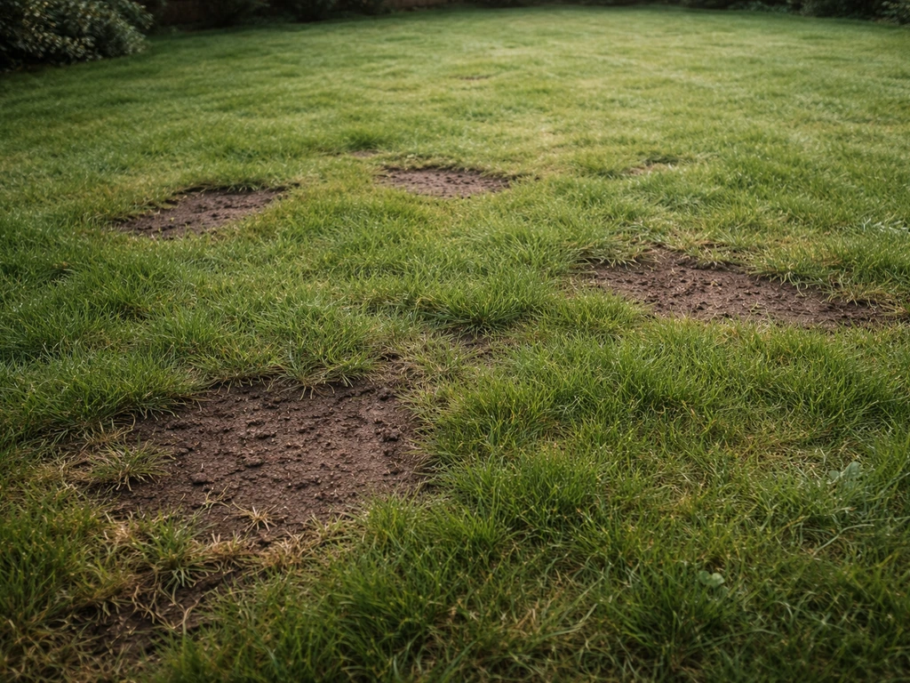 Ongelijk en deels kaal gazon in Nederland met herstelpunten en verse scheuten in de grond.