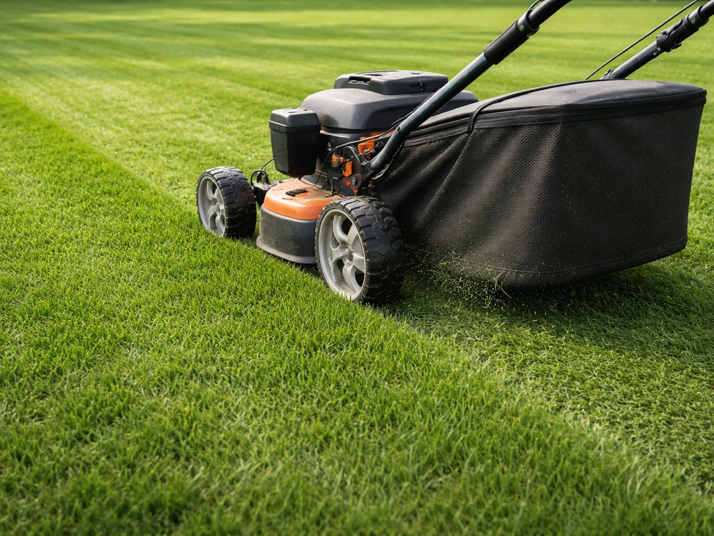 Groen gazon met een maaier die het gras op de juiste hoogte maait, met opvangbak op de voorgrond.