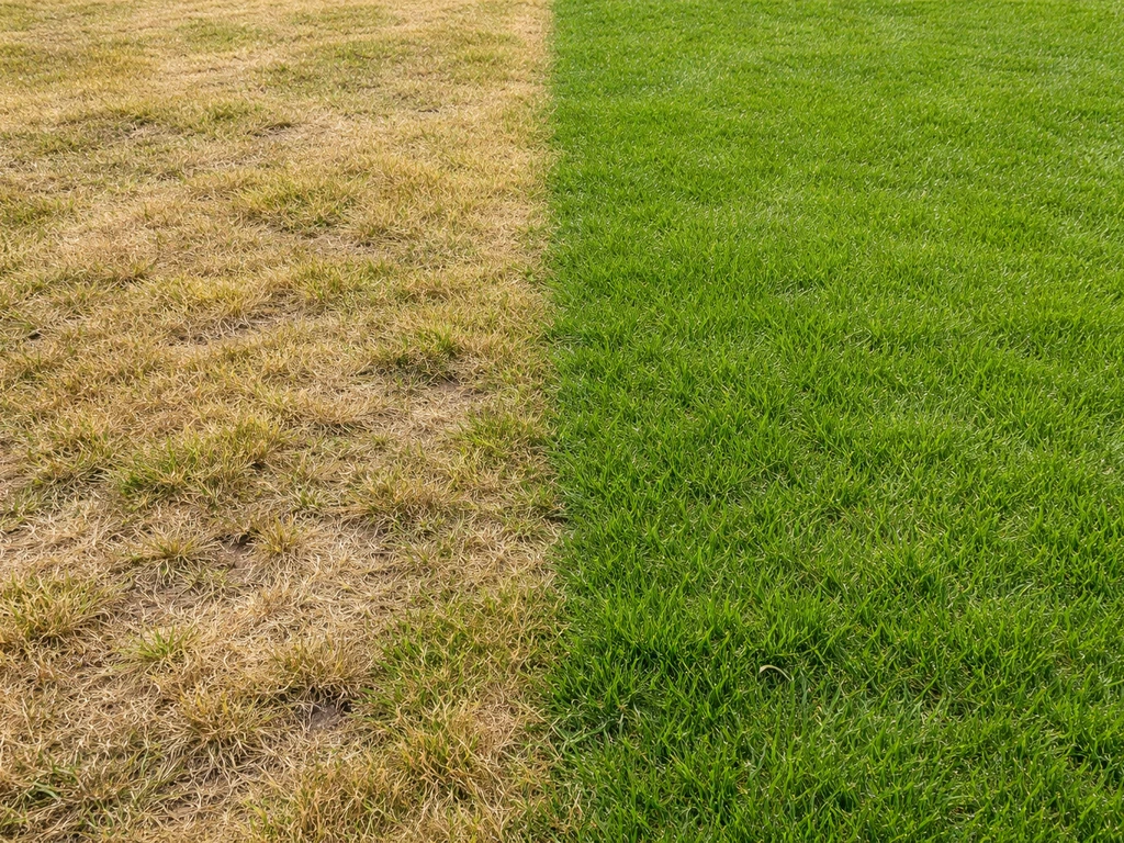 Nederlands gazon met duidelijk contrast: bruin/geel gras naast gezond groen gras, kijkend op korte afstand.