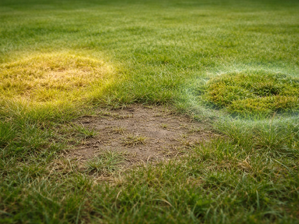 Close-up van een gazon met geel gras, verdichte plekken en mos tussen het gras.