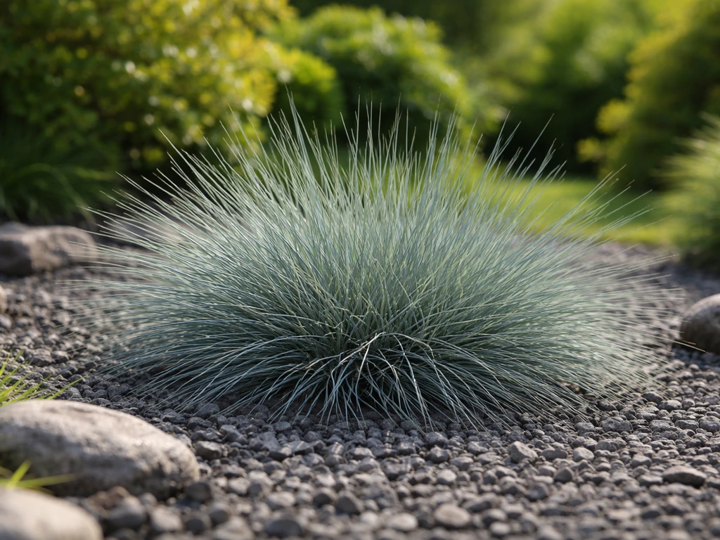 Strakke pol blauw siergras (Festuca glauca) in een zonnige rotsachtige NL-tuinborder, blauw/grijs zichtbaar.