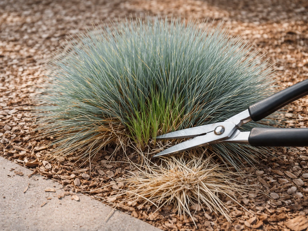 Tuinpol van blauw zwenkgras na terugknippen, ruiterlijk gesnoeid met schoon houtsnipperig grondbeeld