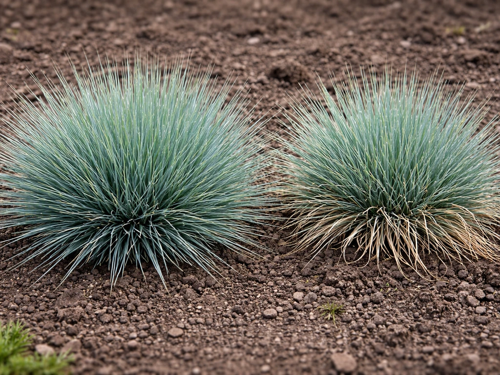 Blauw schapengras met een duidelijke polgroei, deels verse uitloop en deels verdroogde winterresten aan de basis.