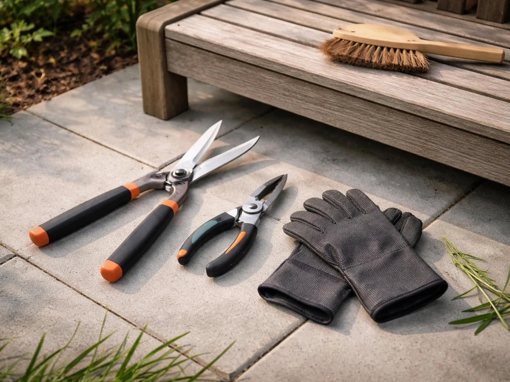 Handbediende heggenschaar, grasschaar en tuinhandschoenen op een tuinbankje en tegels, klaar voor veilig snoeien.