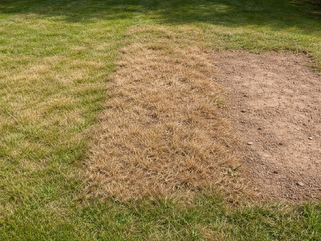 Gesplitst beeld van geel/grijs gras, bruin verdroogd gras en een kale plek op een gazon