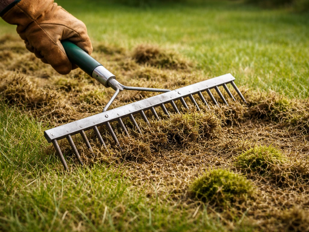 Rakhark die mos en datch wegtrekt uit het gazon, met afgestorven bladresten zichtbaar op de grond.