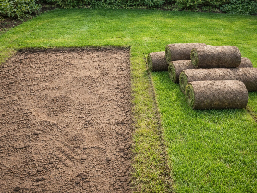 Links kale plek met losgeharkt aarde, rechts rol graszoden klaar om gelegd te worden