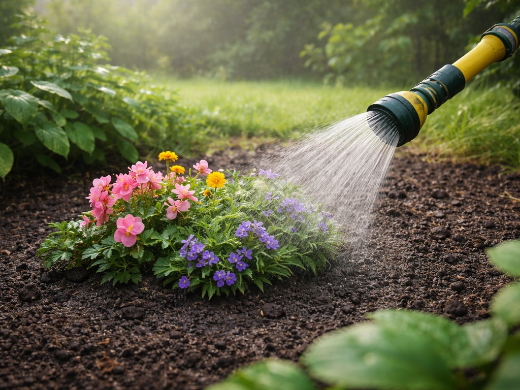 Gerichte tuinslang die vroeg in de ochtend gelijkmatig water geeft aan donker vochtige grond, geen plassen.