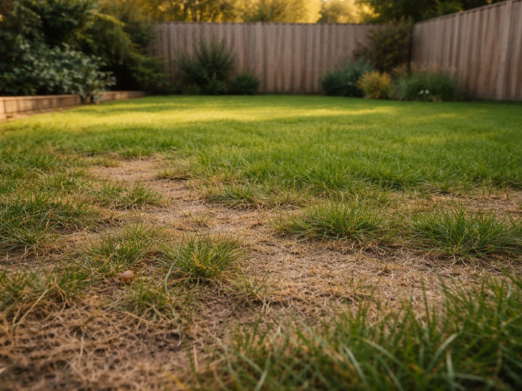 Nederlandse achtertuin met gazon: kale/gele plekken op de voorgrond en fris herstellend gras op de achtergrond.