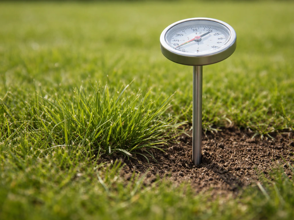 Close-up van een bodemthermometer die in het gras wordt geplaatst om de grondtemperatuur te meten.