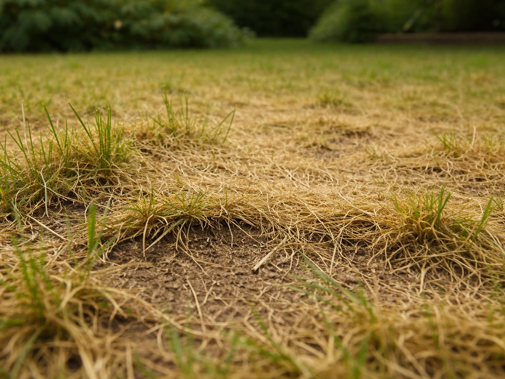 Platgedrukt, geel/lichter gras met zichtbare intacte graswortels na vertrapping, close-up in tuin.