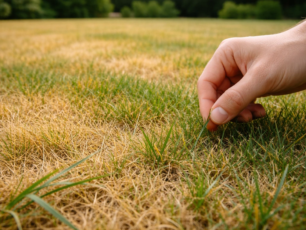 Close-up van geel gras in vlekken en egaal vergeelde plekken, met een hand die een grasspriet controleert.