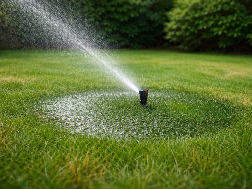 Sproeier geeft een gazon grondig water: zichtbare natte kring op vergeeld gras in een rustige tuin.