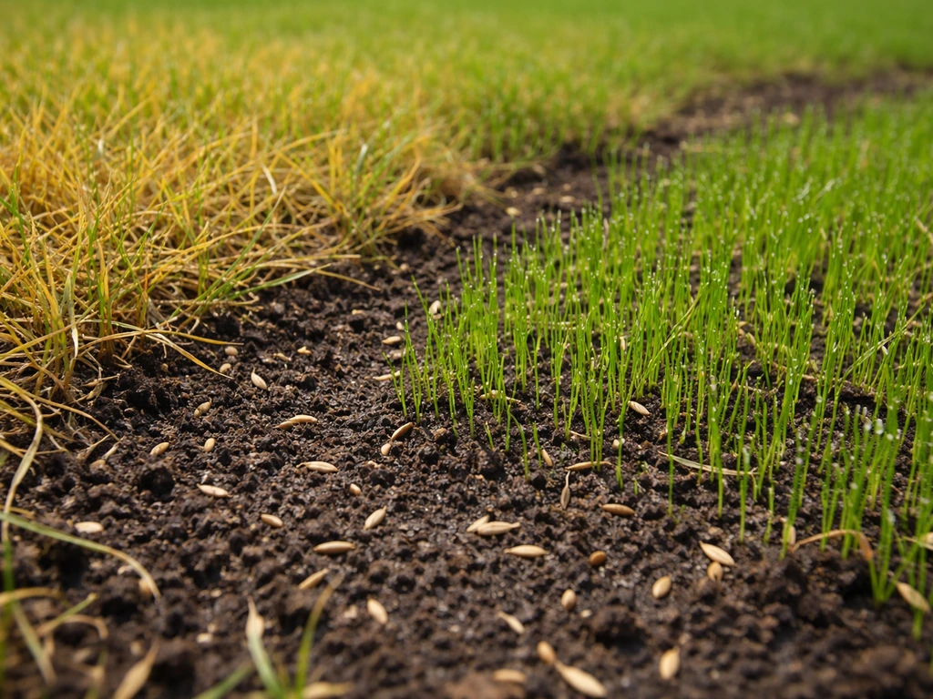 Close-up van pas ingezaaid gazon met deels geel gras naast nog groene opkomst en vers zaaibed.