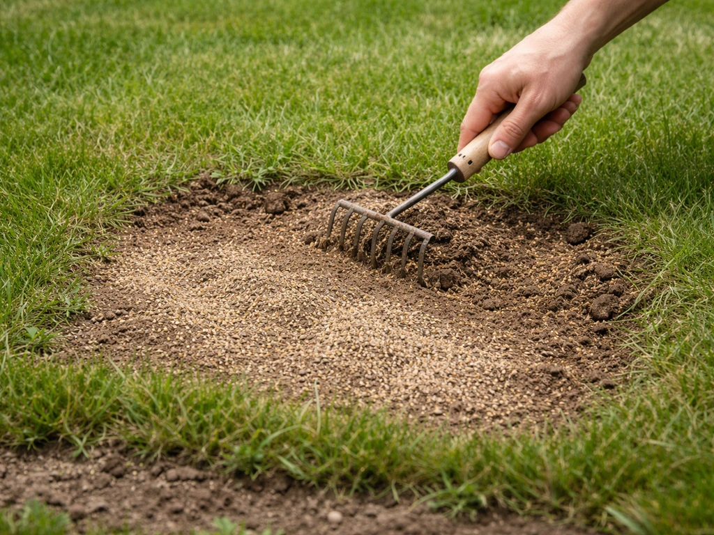 Tuinhand die kale plek bijzaait: hark maakt bodem los en verse graszaad is zichtbaar in afgebakende strook