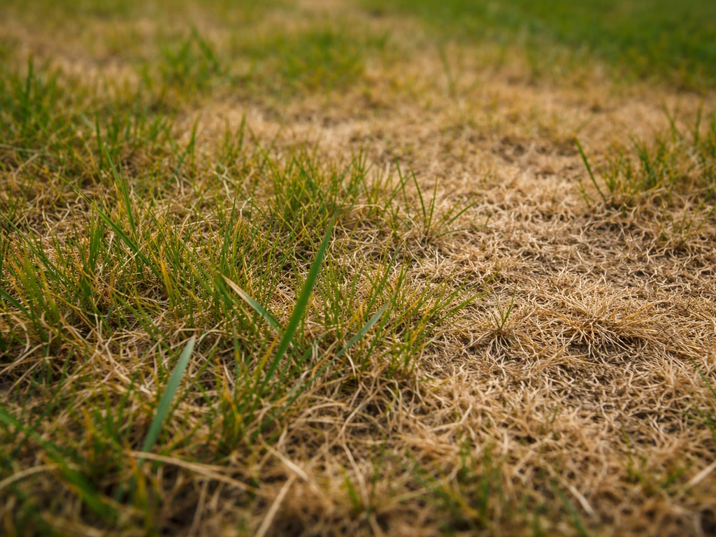 Close-up van gelig, beschadigd gras met duidelijke ongelijke plekken in het gazon.