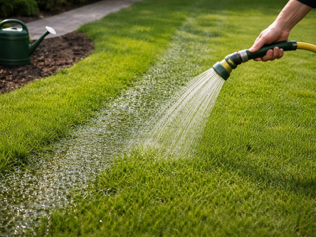 Gazonsprinkler en gieter geven water; zichtbare, gelijkmatige natte strook voor diepe bewatering