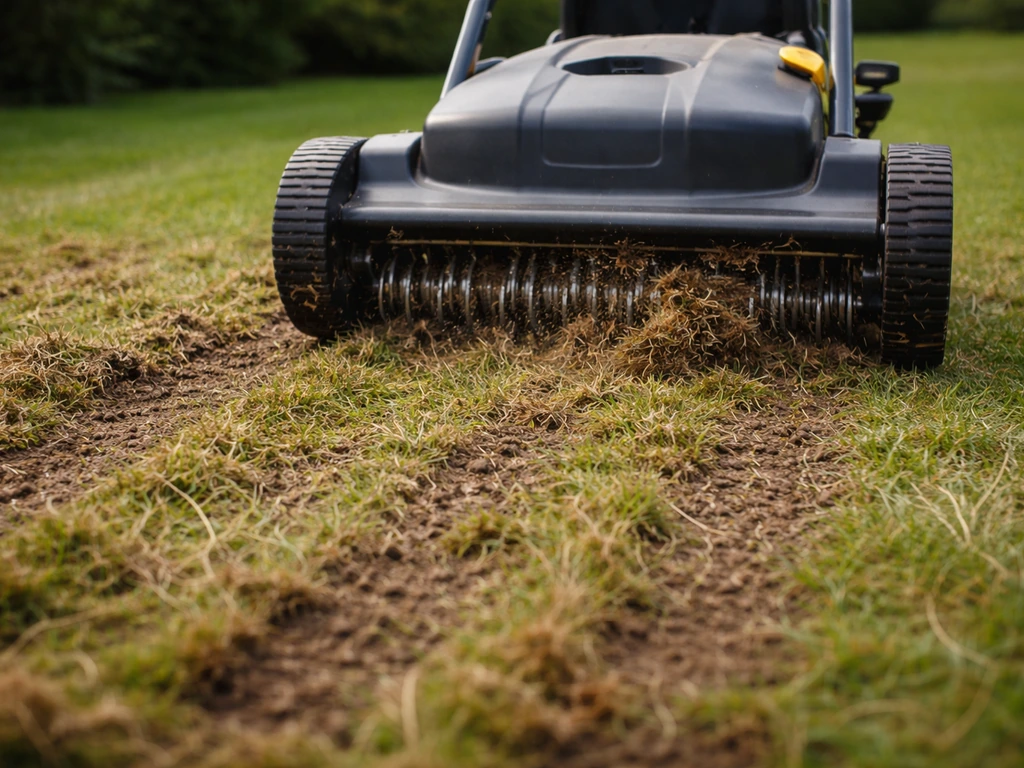 Verticuteermachine die vilt en mos uit een gazon uitkamt, met zichtbare zwarte/bruine resten na het werk.