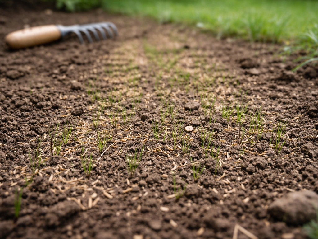 Ingezaaide grasstrook met zichtbare grassprieten na doorzaaien, rustige tuinbodem op de voorgrond.