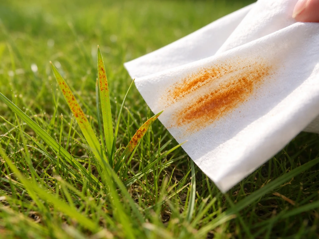 Witte tissue die over oranje-roestige grassprieten wordt geveegd, met oranje/roestbruine veegsporen.