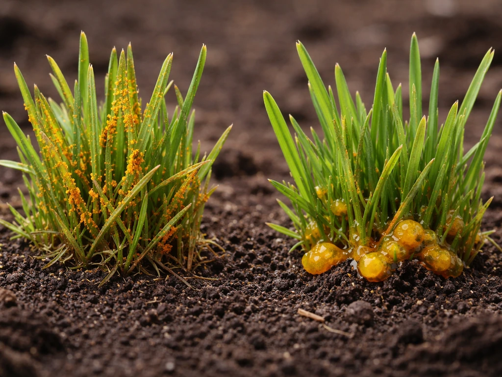 Close-up van Nederlands gras met oranje roestplekken en apart slijmzwam-achtig geel/oranje structuren op grasstukjes.