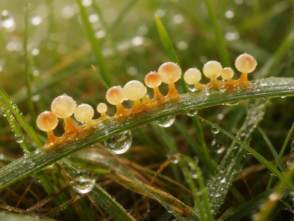 Close-up van oranje en geel-witte slijmzwamsporenlichaampjes op vochtig gras.