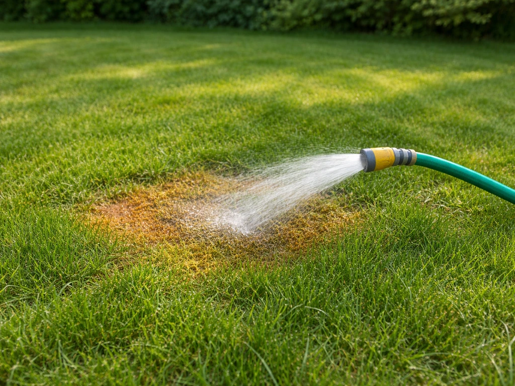 Tuinslang die water spuit over een geel-oranje graszone, om verbrandingsschade door hondenurine direct te spoelen.
