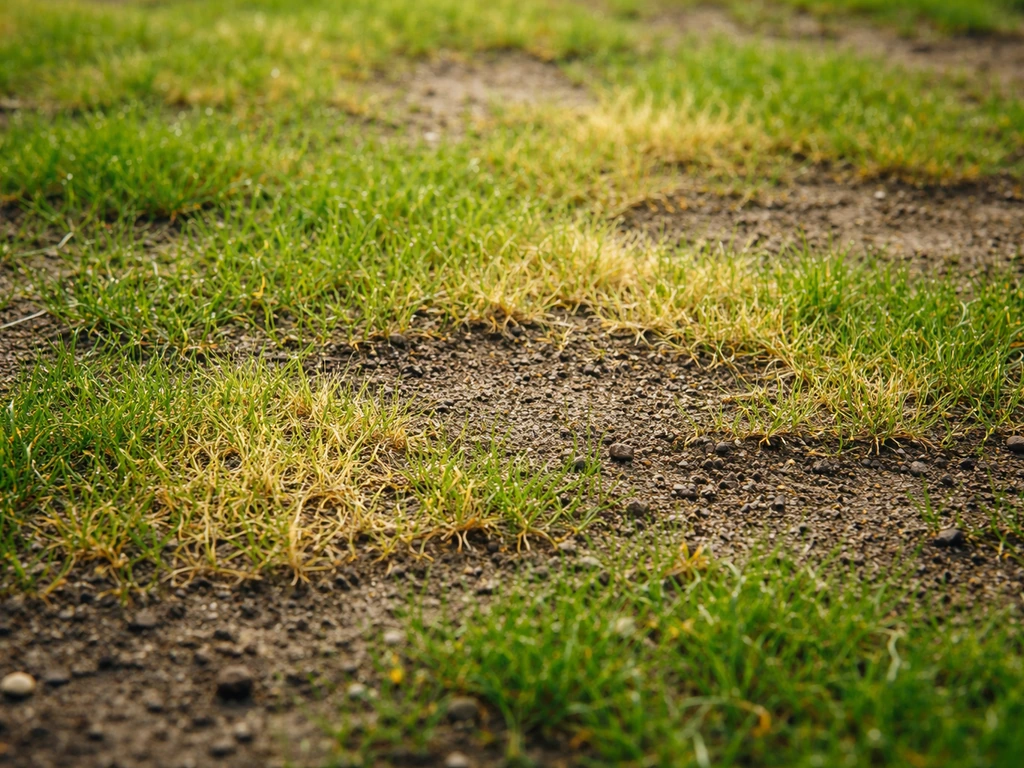 Close-up van pas ingezaaid gras met ongelijk geel patroon, alsof het geel wordt na 1–2 weken.