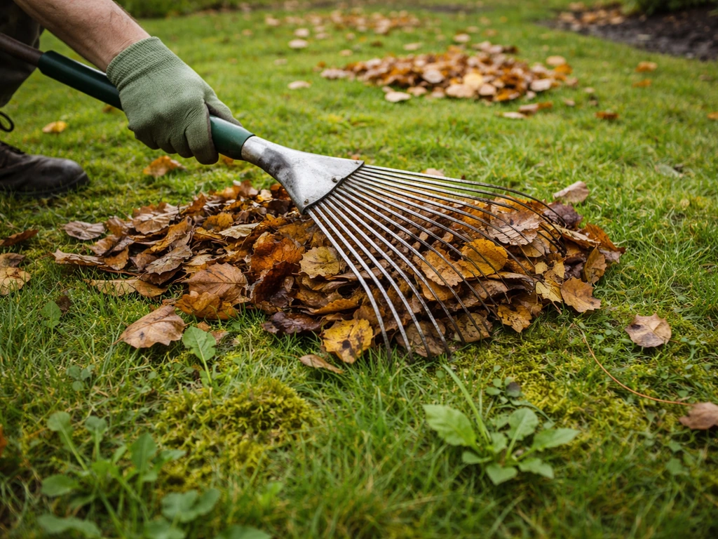 Herfstbladeren op het gazon die met een hark worden opgepakt, met mos en onkruid ertussen.