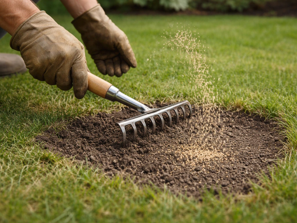 Tuinier schraapt een kale plek met een hark en zaait graszaad in voor de winter